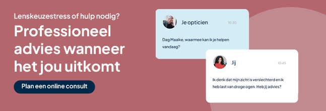 chatgesprek met als tekst erbij: lenskeuzestress of hulp nodig? professioneel advies wanneer het jou uitkomt. plan een online consult.